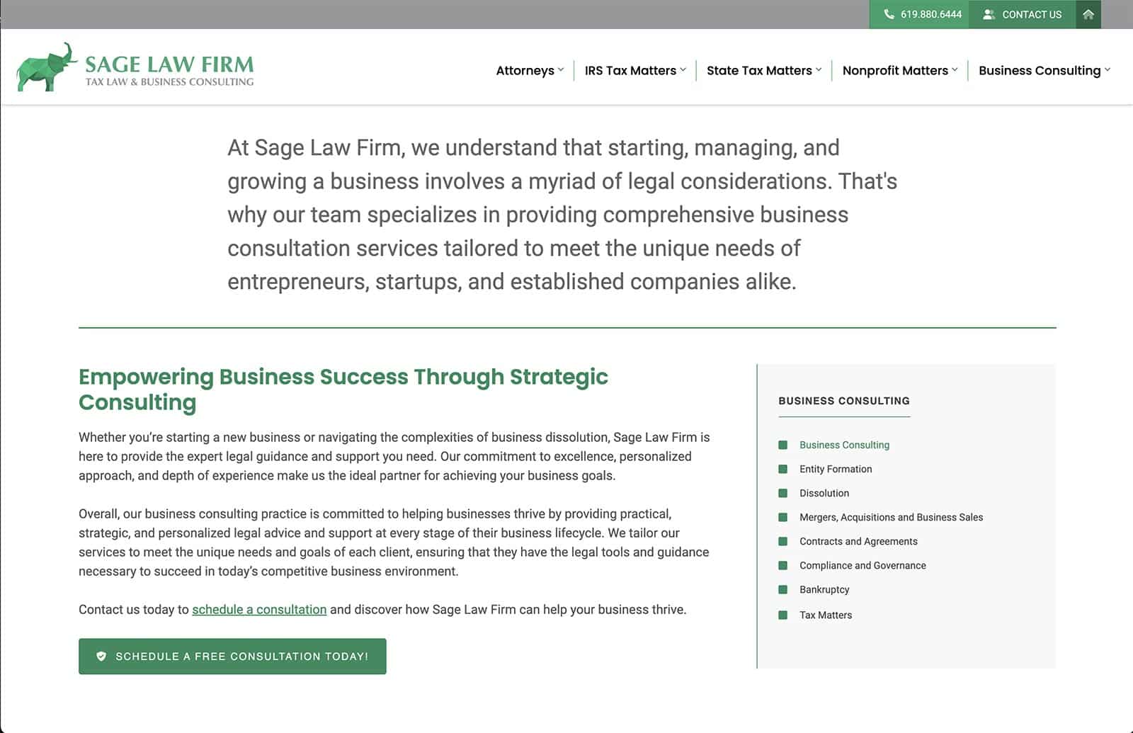 Screenshot of Sage Law Firm Website - San Diego Attorney Website Design Example - Practice Area Page