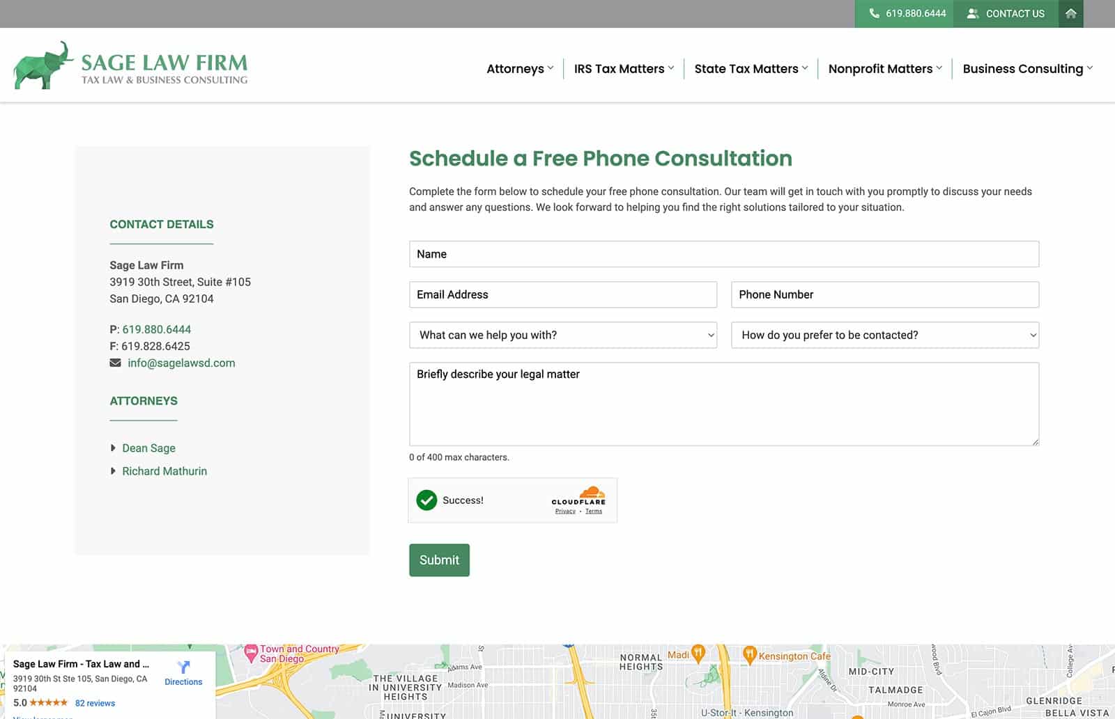 Screenshot of Sage Law Firm Website - San Diego, CA Law Firm Website Design Portfolio - Contact Page